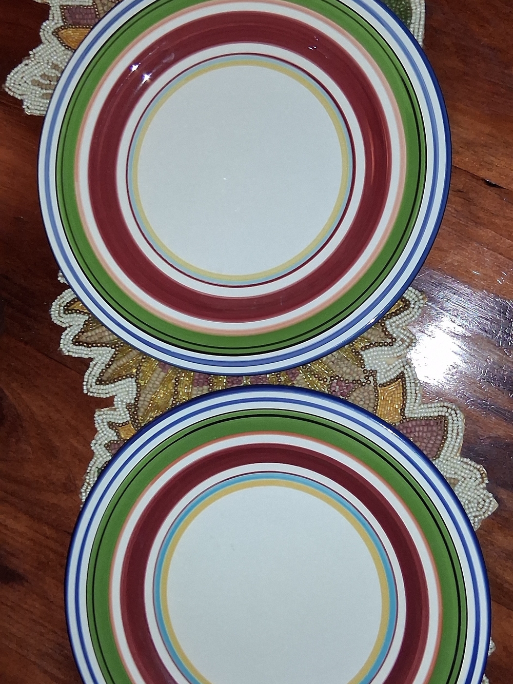 Pottery Barn Multicolor Stripe Ceramic Dinner Plates - Red, Green, Blue, Yellow